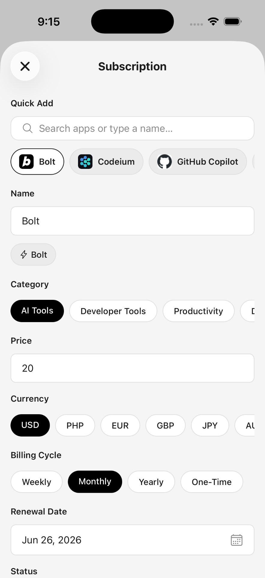 Add subscription screen with Bolt selected