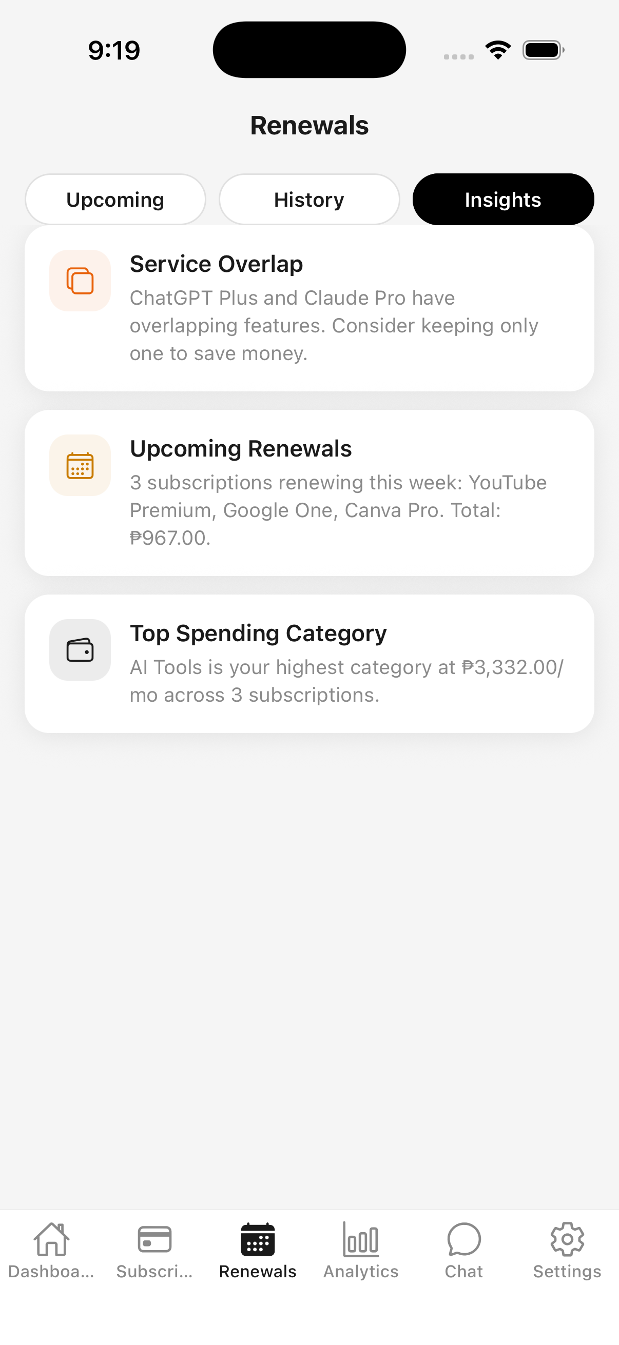 Insights tab highlighting overlapping services