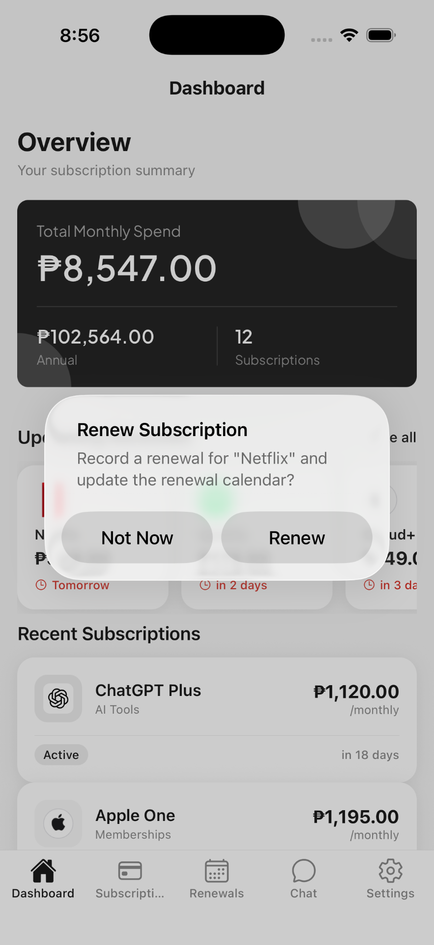 Renew subscription confirmation dialog